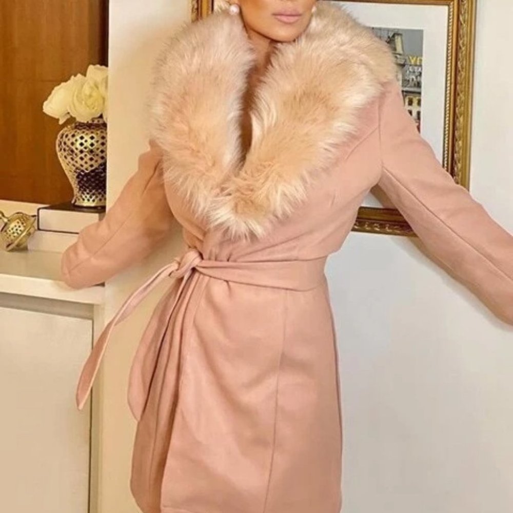 The Classic Fuax Fur Trimmed Trench Coat Pink - Picture 7 of 10